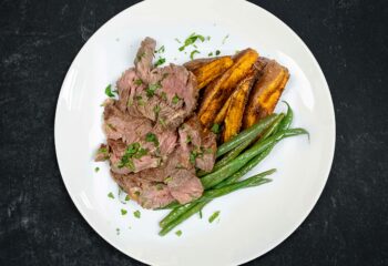Grass-Fed Steak Frites with Roasted Sweet Potato Wedges