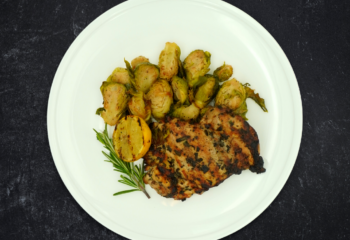 Herb Roasted Free-Range Chicken Thighs with Charred Balsamic Brussels Sprouts