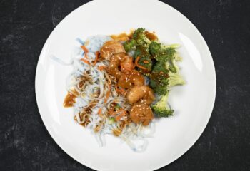 Honey Ginger Shrimp with Butterfly Pea Noodles